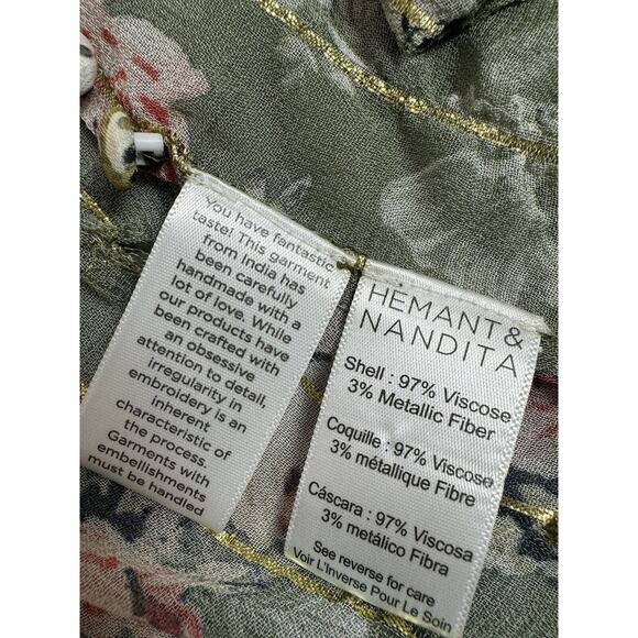 Hemant & Nandita Button Down Short Sleeve Blouse Floral Green L FLAW - Picture 6 of 12